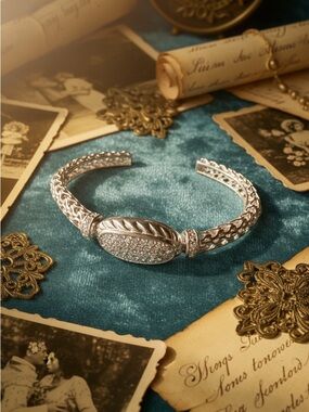 Silver Pavé Crystal Braided Cuff Bracelet - Women's Jewelry